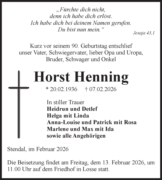Traueranzeige von Horst Henning von Volksstimme Altmark Ost