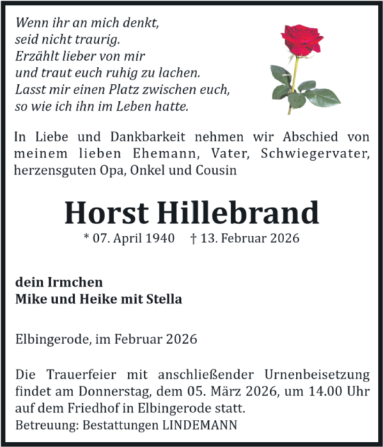 Traueranzeige von Horst Hillebrand von Volksstimme Wernigerode