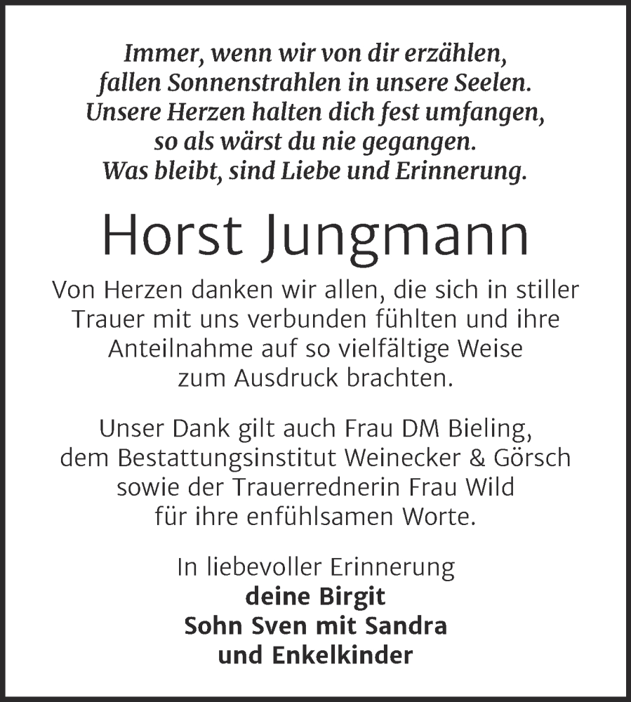  Traueranzeige für Horst Jungmann vom 14.02.2026 aus Trauerkombi Bernburg