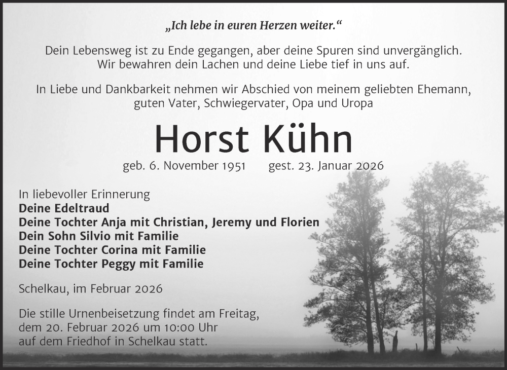  Traueranzeige für Horst Kühn vom 07.02.2026 aus Trauerkombi Weißenfels