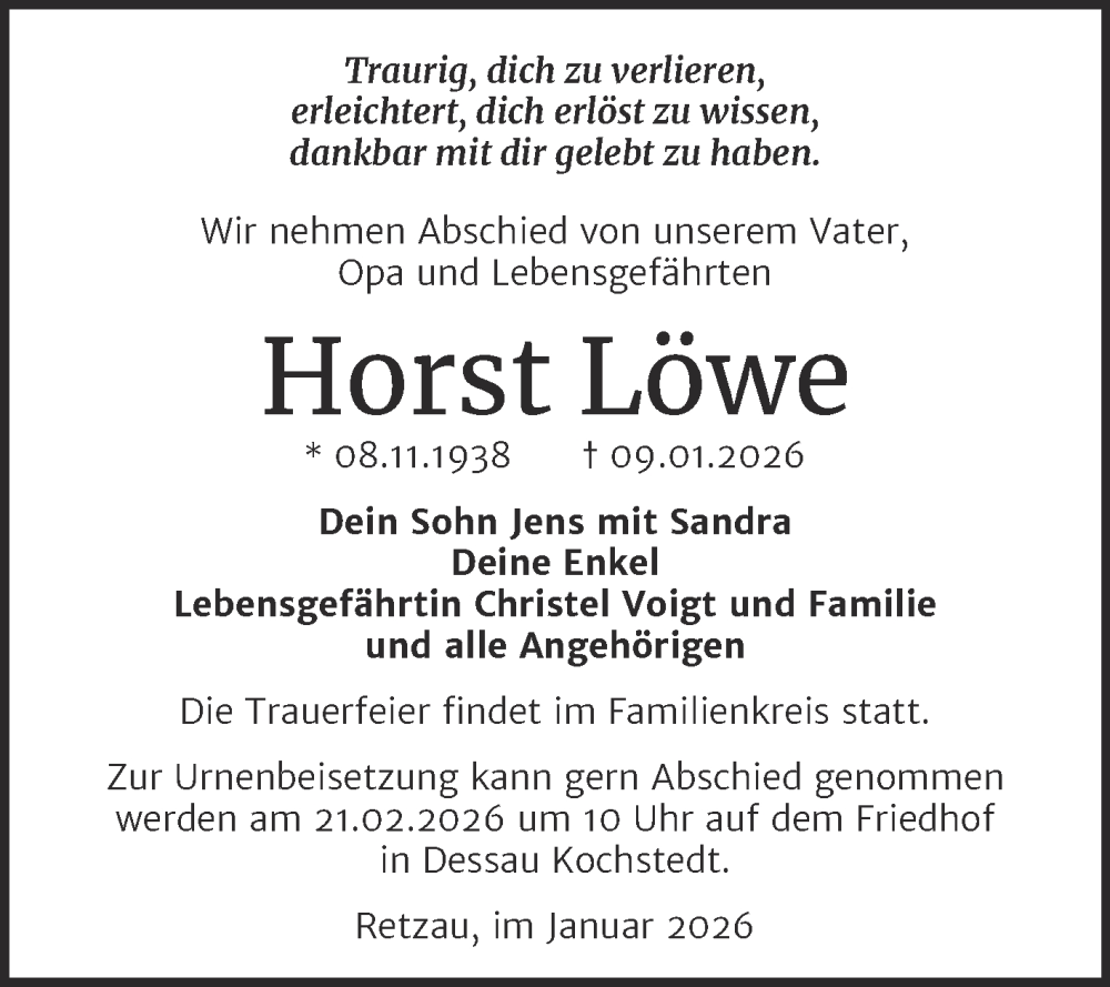  Traueranzeige für Horst Löwe vom 07.02.2026 aus Trauerkombi Bitterfeld