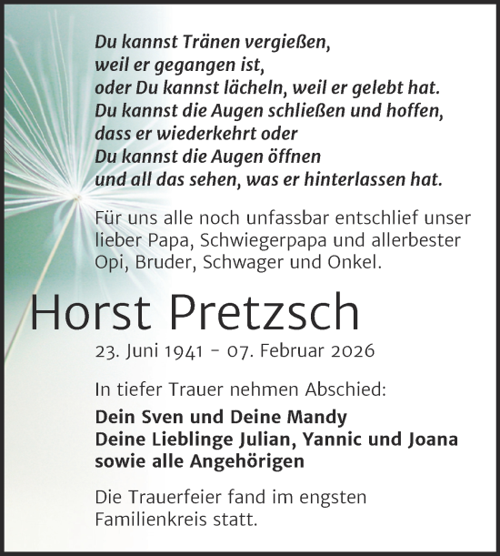 Traueranzeige von Horst Pretzsch von Trauerkombi Bitterfeld