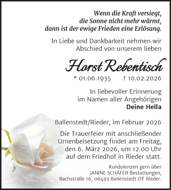 Traueranzeige von Horst Rebentisch von Trauerkombi Quedlinburg