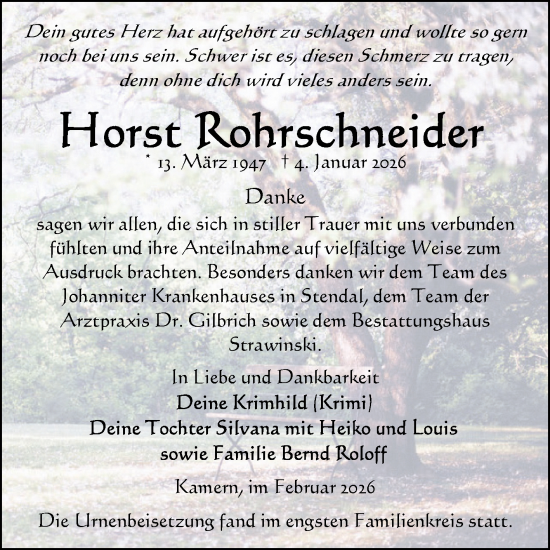 Traueranzeige von Horst Rohrschneider von Volksstimme Altmark Ost