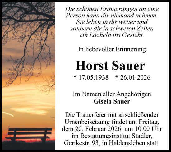 Traueranzeige von Horst Sauer von Volksstimme Haldensleben/Wolmirstedt
