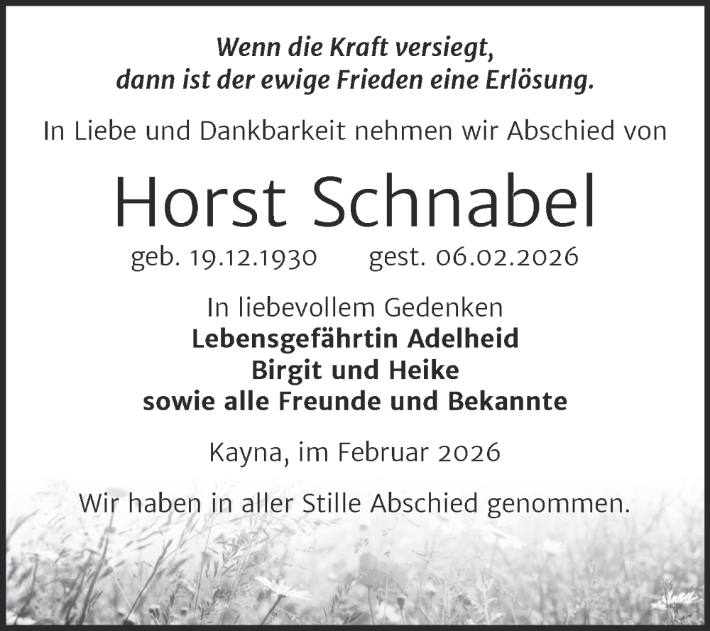  Traueranzeige für Horst Schnabel vom 14.02.2026 aus Trauerkombi Zeitz
