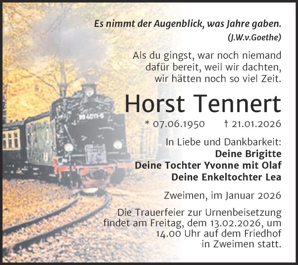  Traueranzeige für Horst Tennert vom 07.02.2026 aus Trauerkombi Merseburg