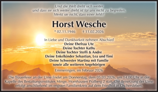Traueranzeige von Horst Wesche von Volksstimme Oschersleben/Wanzleben