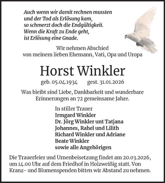 Traueranzeige von Horst Winkler von Trauerkombi Bitterfeld