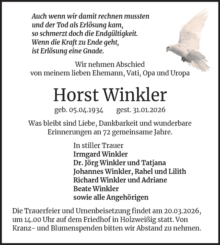 Traueranzeige für Horst Winkler vom 28.02.2026 aus Trauerkombi Bitterfeld