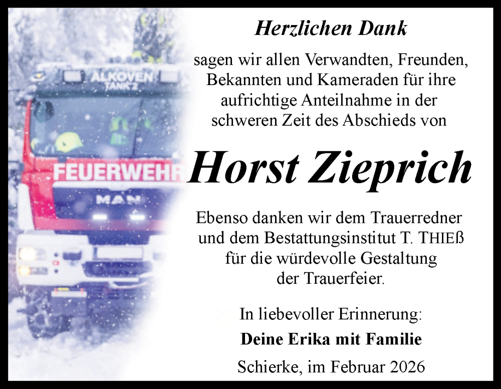  Traueranzeige für Horst Zieprich vom 07.02.2026 aus Volksstimme Wernigerode