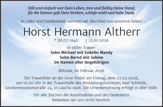 Traueranzeige von Horst Hermann Altherr von Super Sonntag Naumburg/Nebra