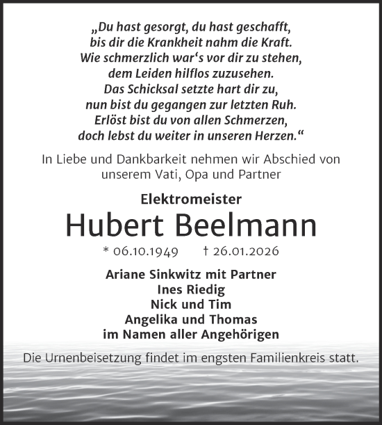 Traueranzeige von Hubert Beelmann von Super Sonntag Naumburg/Nebra
