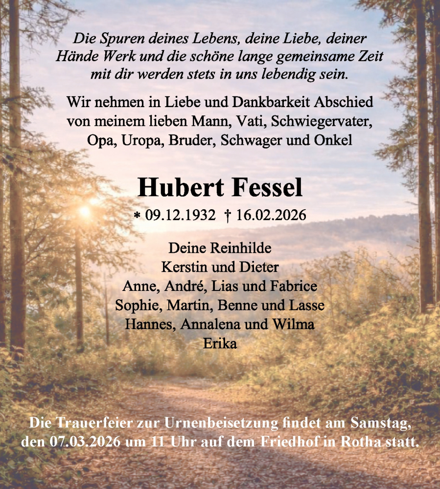  Traueranzeige für Hubert Fessel vom 28.02.2026 aus Trauerkombi Sangerhausen