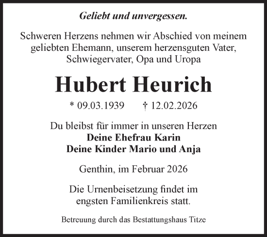 Traueranzeige von Hubert Heurich von Volksstimme Burg/Genthin