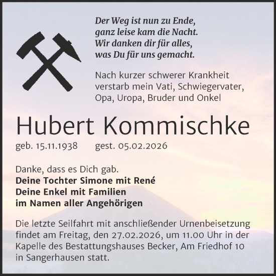 Traueranzeige von Hubert Kommischke von Trauerkombi Sangerhausen