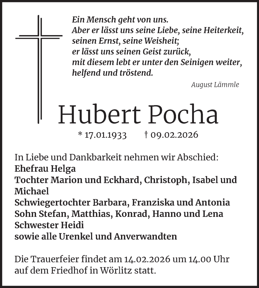  Traueranzeige für Hubert Pocha vom 13.02.2026 aus Trauerkombi Wittenberg
