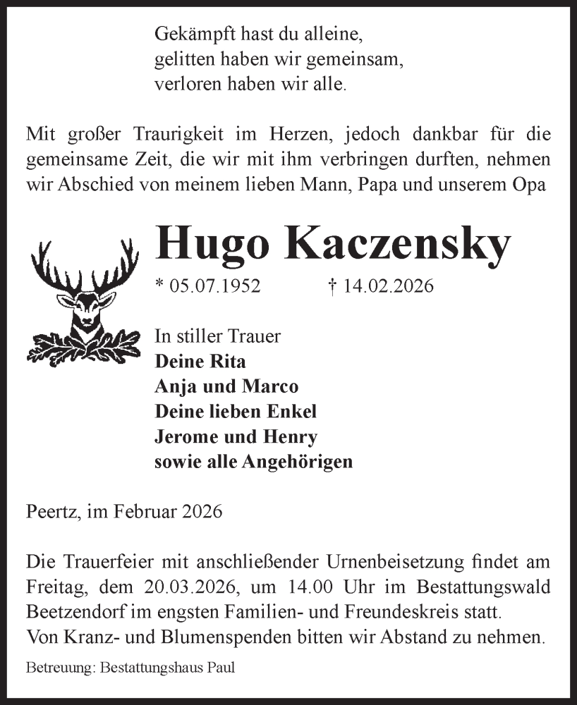  Traueranzeige für Hugo Kaczensky vom 19.02.2026 aus Volksstimme Altmark West