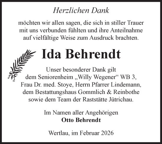 Traueranzeige von Ida Behrendt von Volksstimme Zerbst