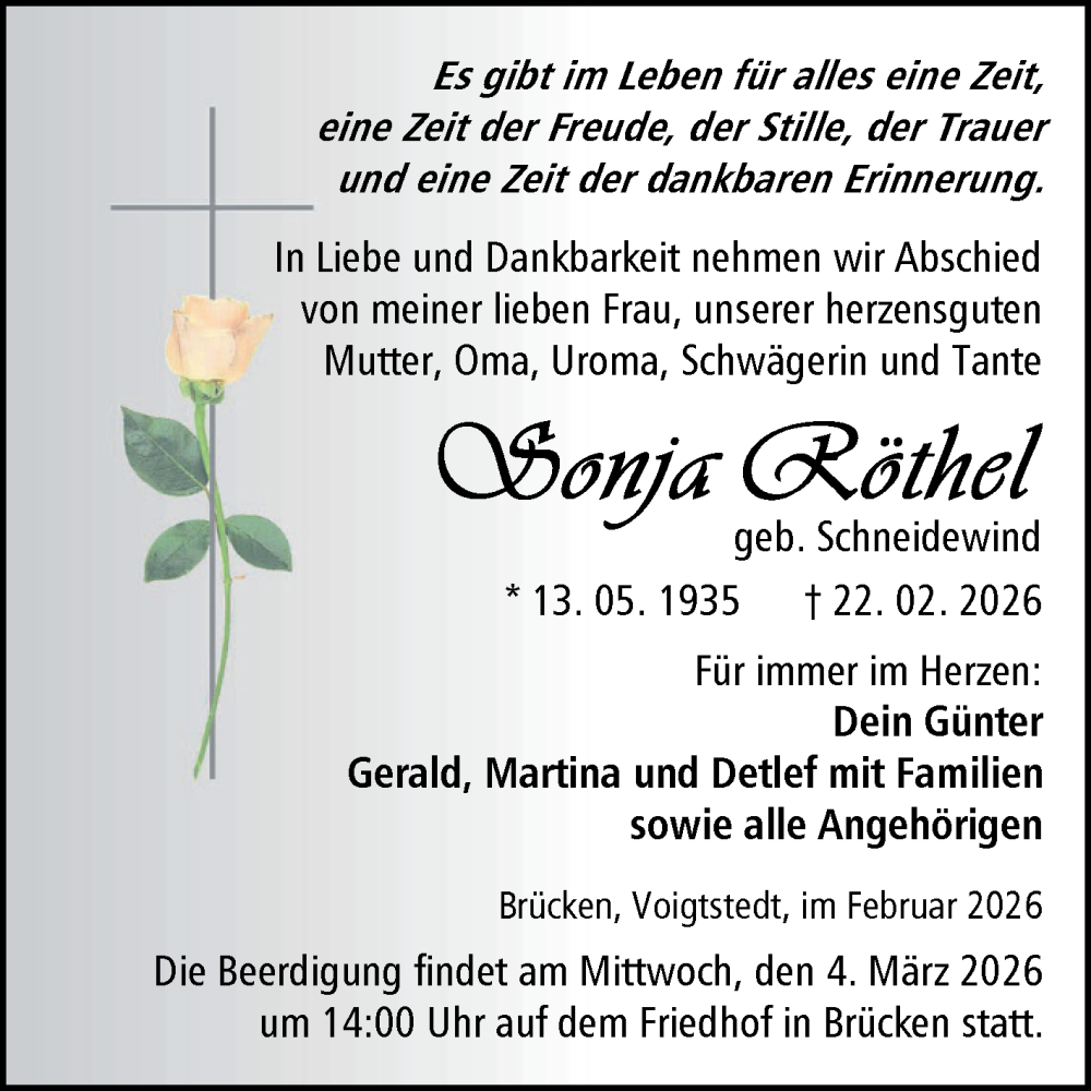  Traueranzeige für Ilona Rithel vom 28.02.2026 aus Trauerkombi Sangerhausen