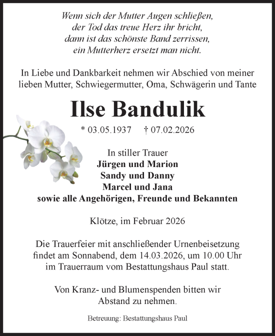 Traueranzeige von Ilse Bandulik von Volksstimme Altmark West