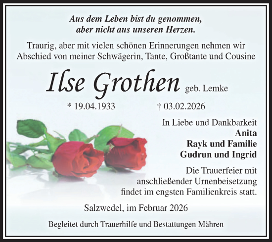 Traueranzeige von Ilse Grothen von Volksstimme Altmark Ost
