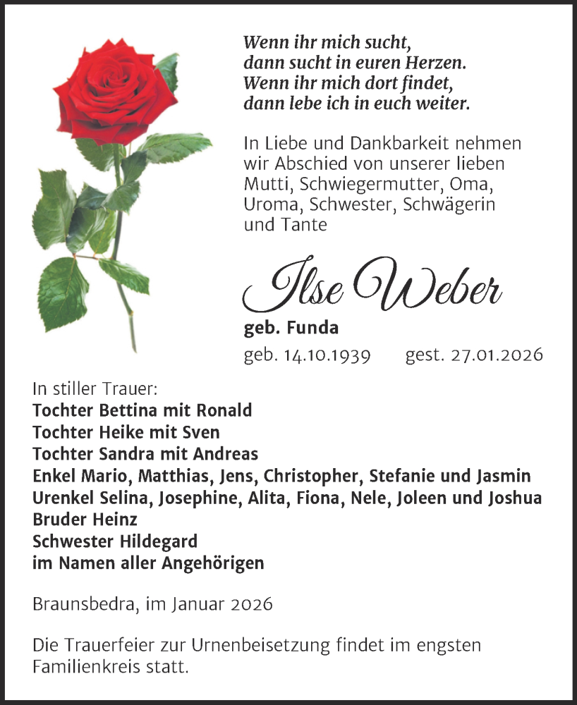  Traueranzeige für Ilse Weber vom 07.02.2026 aus Trauerkombi Merseburg