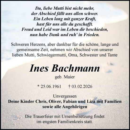 Traueranzeige von Ines Bachmann von Trauerkombi Bitterfeld