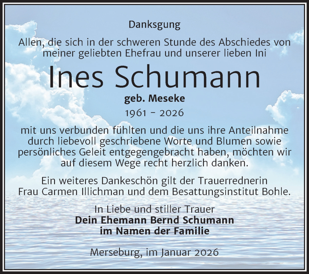  Traueranzeige für Ines Schumann vom 07.02.2026 aus Trauerkombi Merseburg