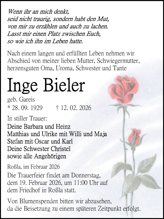 Traueranzeige von Inge Bieler von Mitteldeutsche Zeitung Sangerhausen