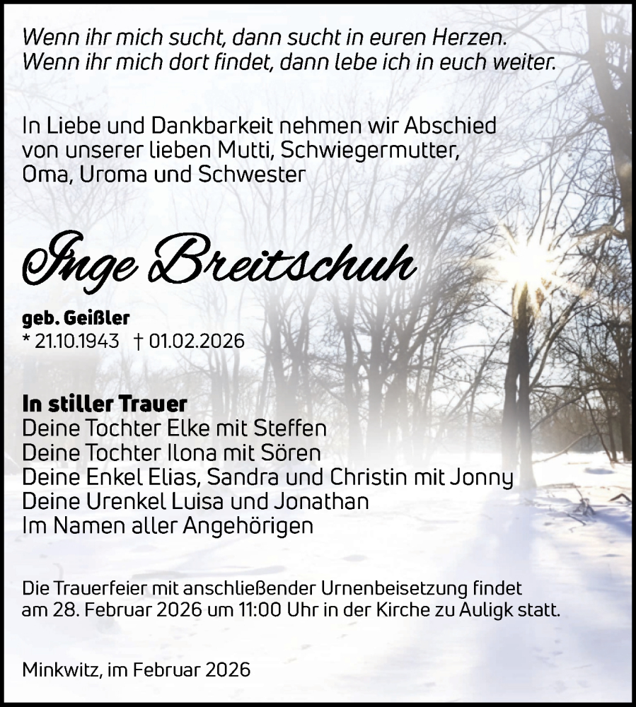  Traueranzeige für Inge Breitschuh vom 14.02.2026 aus Trauerkombi Zeitz