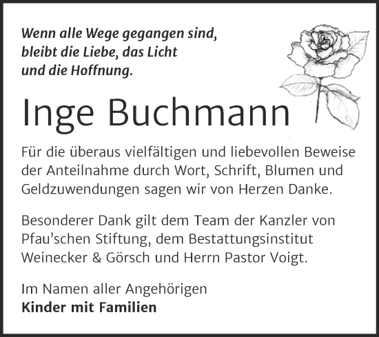Traueranzeige von Inge Buchmann von Trauerkombi Bernburg