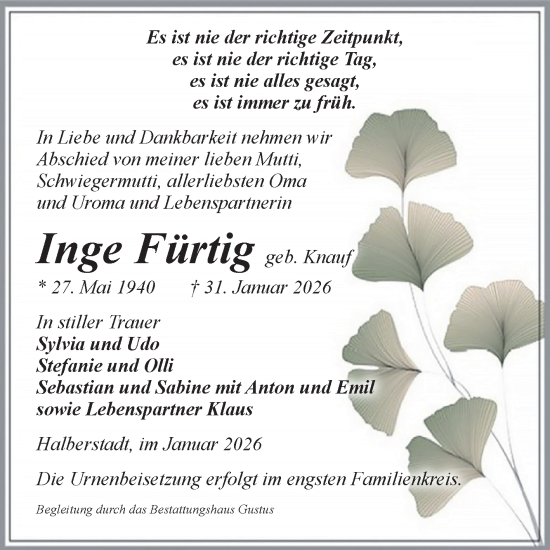 Traueranzeige von Inge Fürtig von Volksstimme Halberstadt