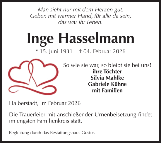 Traueranzeige von Inge Hasselmann von Volksstimme Halberstadt