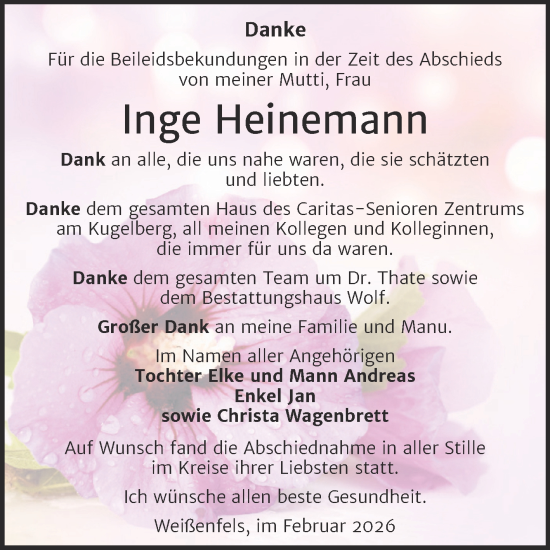 Traueranzeige von Inge Heinemann von Trauerkombi Weißenfels