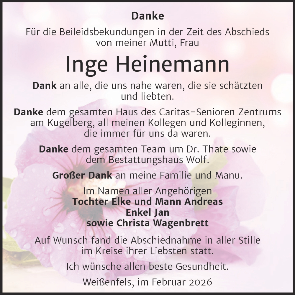  Traueranzeige für Inge Heinemann vom 14.02.2026 aus Trauerkombi Weißenfels