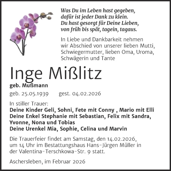 Traueranzeige von Inge Mißlitz von Trauerkombi Aschersleben