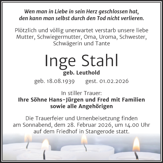 Traueranzeige von Inge Stahl von Trauerkombi Mansfelder Land