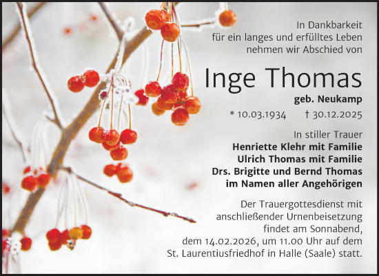 Traueranzeige von Inge Thomas von Mitteldeutsche Zeitung Halle/Saalkreis