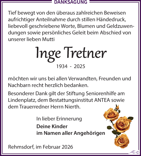 Traueranzeige von Inge Tretner von Trauerkombi Zeitz