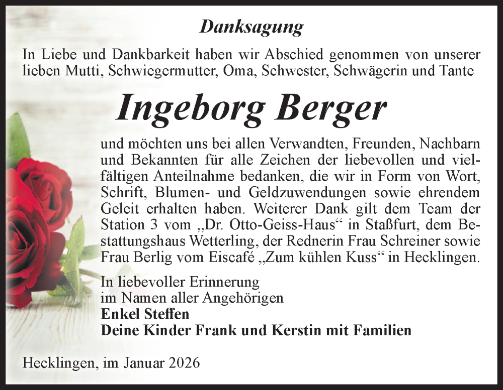  Traueranzeige für Ingeborg Berger vom 14.02.2026 aus Volksstimme Staßfurt