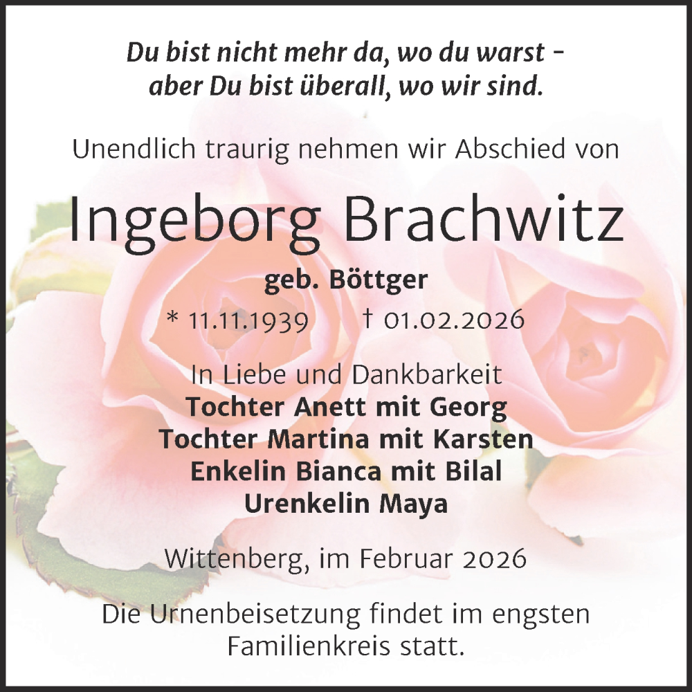  Traueranzeige für Ingeborg Brachwitz vom 07.02.2026 aus Trauerkombi Wittenberg