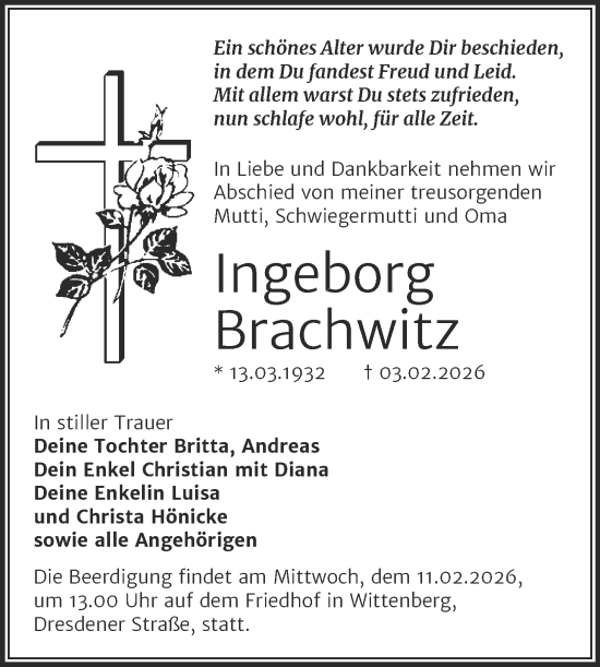Traueranzeige von Ingeborg Brachwitz 