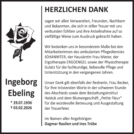 Traueranzeige von Ingeborg Ebeling von Volksstimme Schönebeck