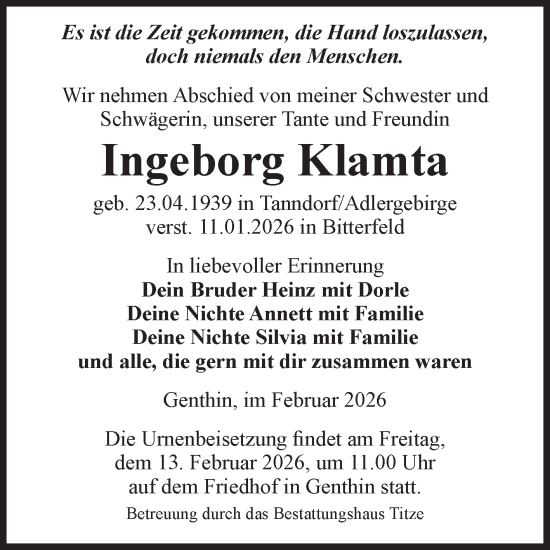 Traueranzeige von Ingeborg Klamta von Volksstimme Burg/Genthin