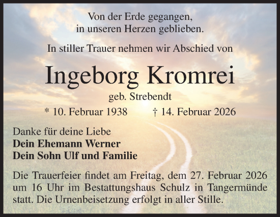 Traueranzeige von Ingeborg Kromrei von Volksstimme Altmark Ost
