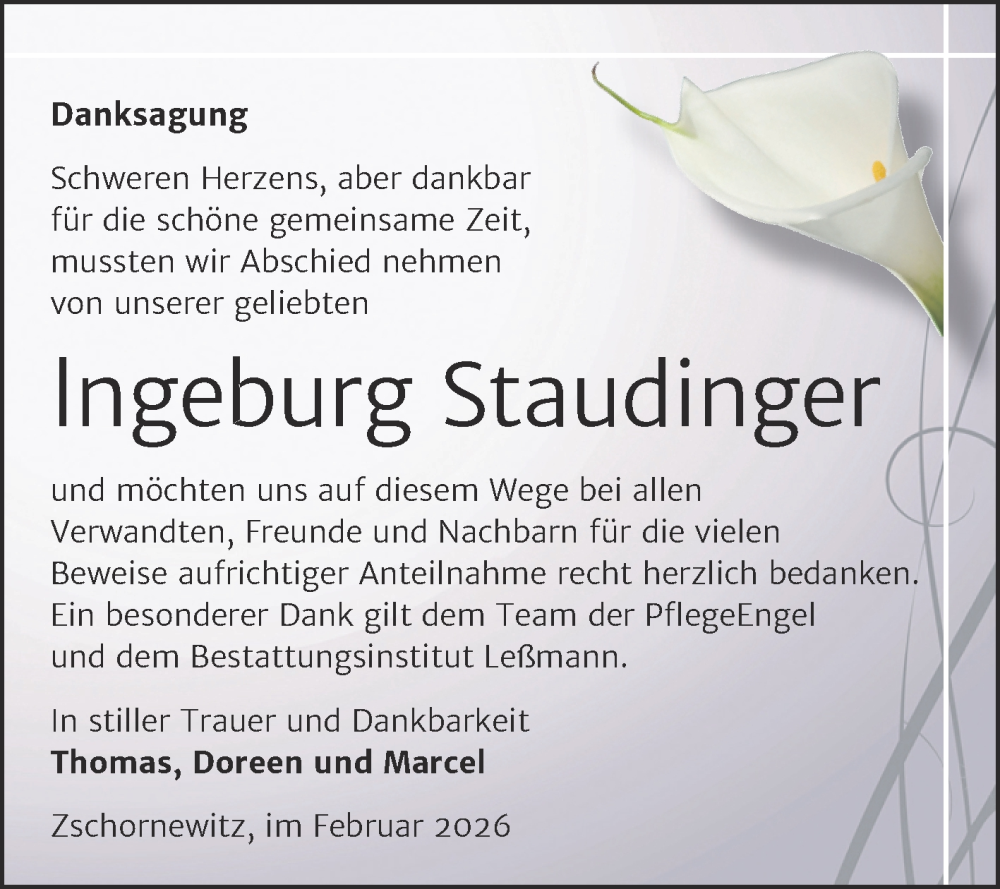  Traueranzeige für Ingeburg Staudinger vom 14.02.2026 aus Trauerkombi Wittenberg