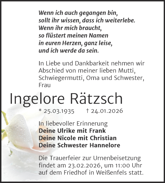 Traueranzeige von Ingelore Rätzsch von Trauerkombi Weißenfels