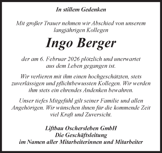 Traueranzeige von Ingo Berger von Volksstimme Oschersleben/Wanzleben