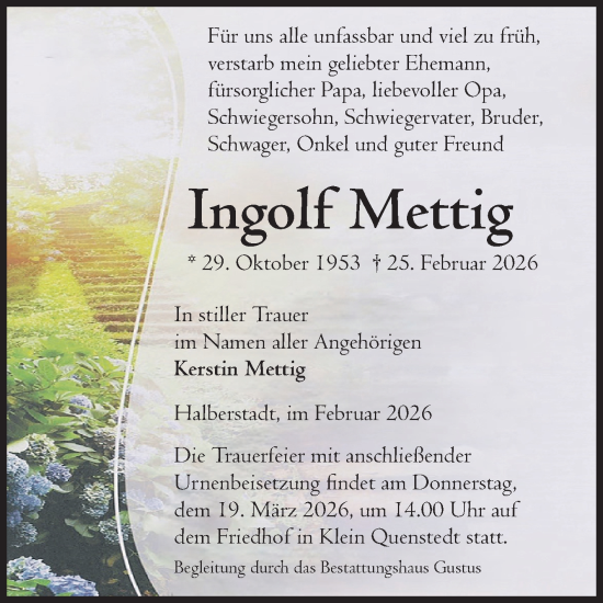Traueranzeige von Ingolf Mettig von Volksstimme Halberstadt